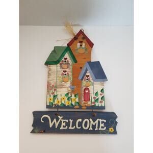 Vtg Wood Handcrafted Rustic Welcome Sign Cottage Core Bird Houses WDC 1999